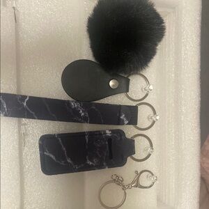 Black Marble Keychain Set with Pom Pom